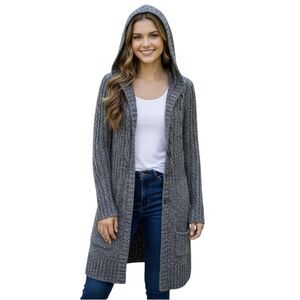 It's Our Time Sweater Womens Medium Gray Hooded Cable Knit Cardigan Button Front